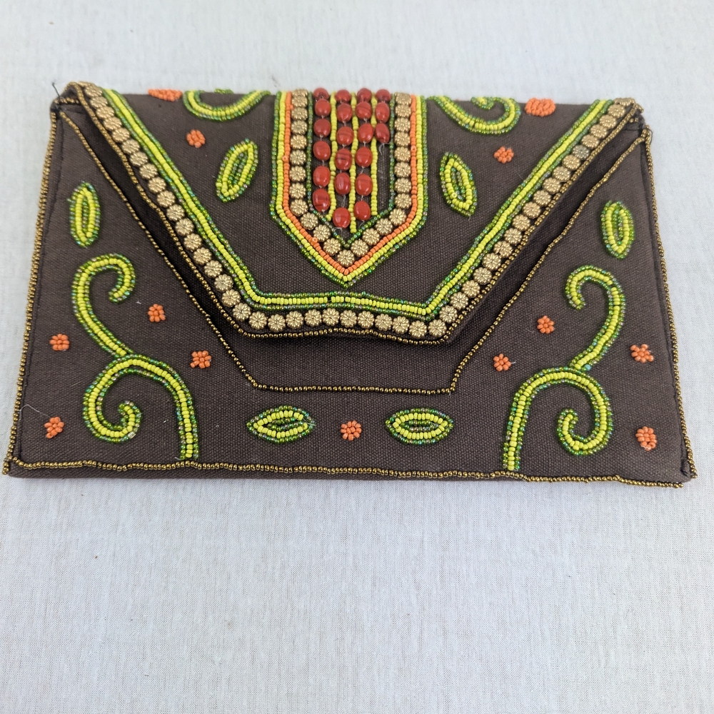 Vibrant Beaded Clutch with Embroidered Swirls